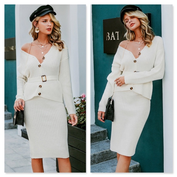 2 Piece Rib Knit Suit Belted Top and Pencil Skirt - Picture 5 of 10